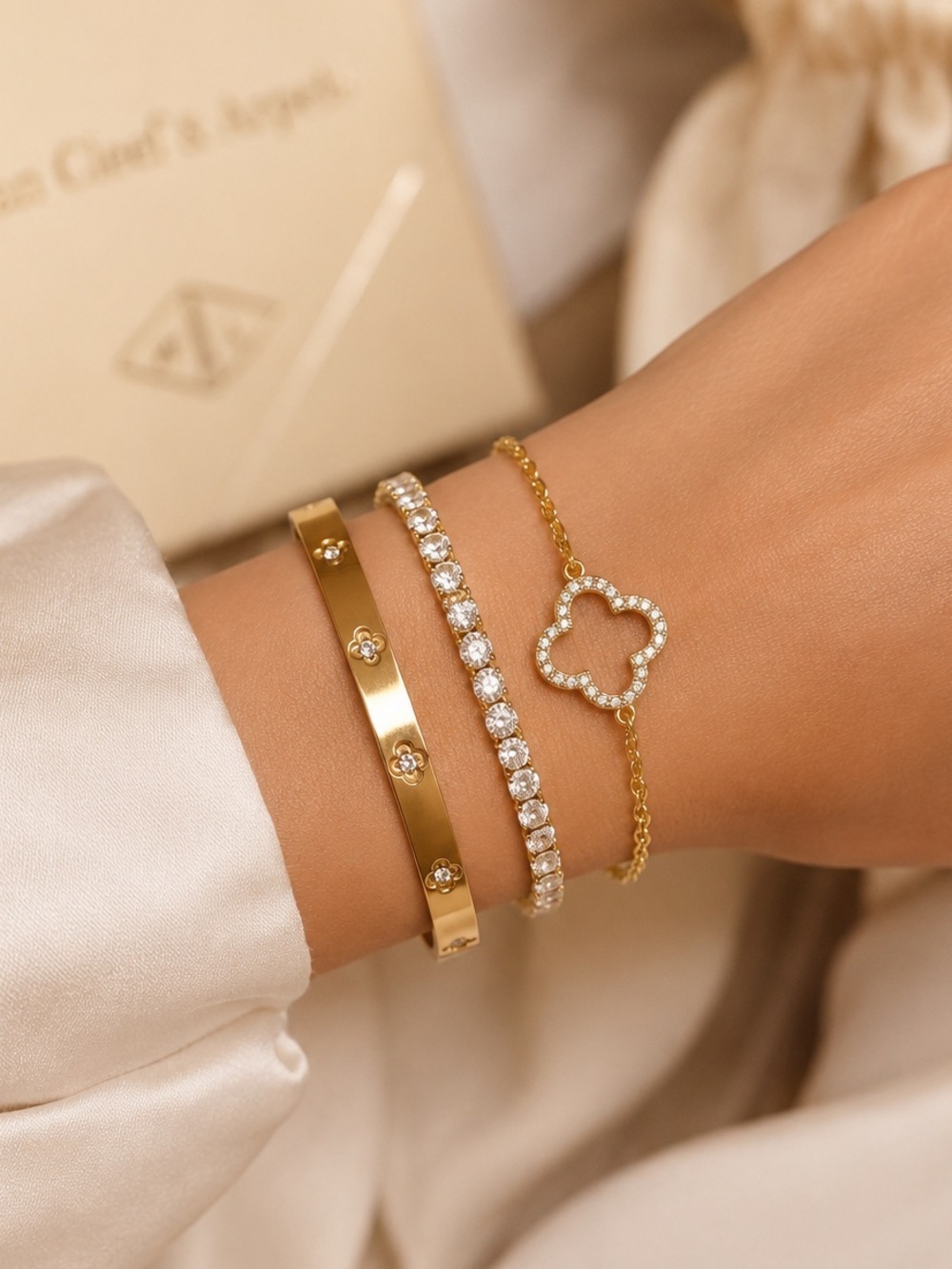 Alhambra Gold Floral Bracelet Set with Crystal Accents – Luxe Inspired